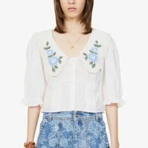 RIXO Tuscany Blouse - White Floral Embroidered Puff Sleeve Top